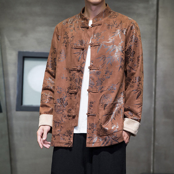 Buddha Stones Chinese New Year Clothes Flowers Bamboo Solid Color Cuff Frog-button Tang Suit Cotton Men's Jacket Shirt With Pockets - image 16