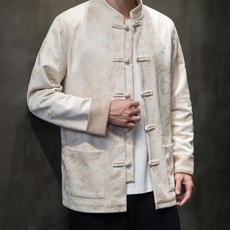 Buddha Stones Chinese New Year Clothes Flowers Bamboo Solid Color Cuff Frog-button Tang Suit Cotton Men's Jacket Shirt With Pockets - image 52