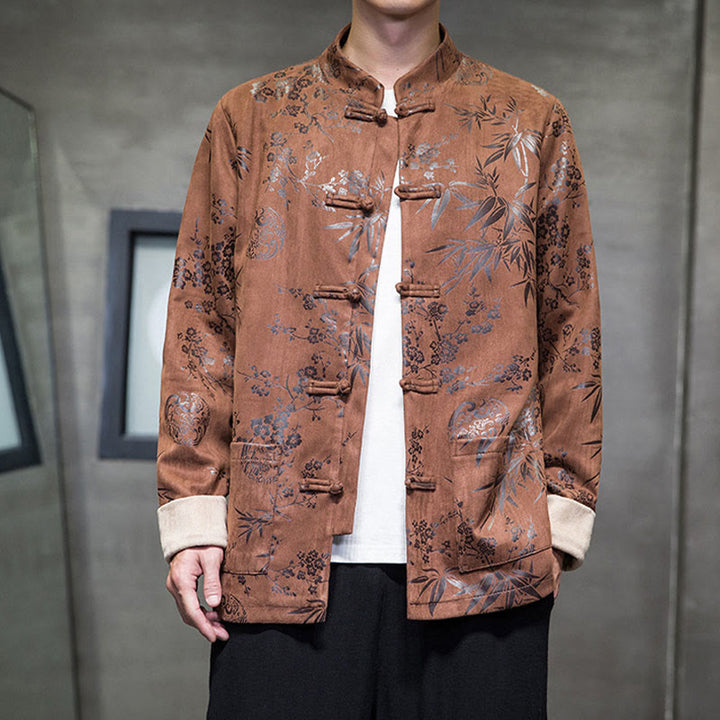 Buddha Stones Chinese New Year Clothes Flowers Bamboo Solid Color Cuff Frog-button Tang Suit Cotton Men's Jacket Shirt With Pockets - image 13