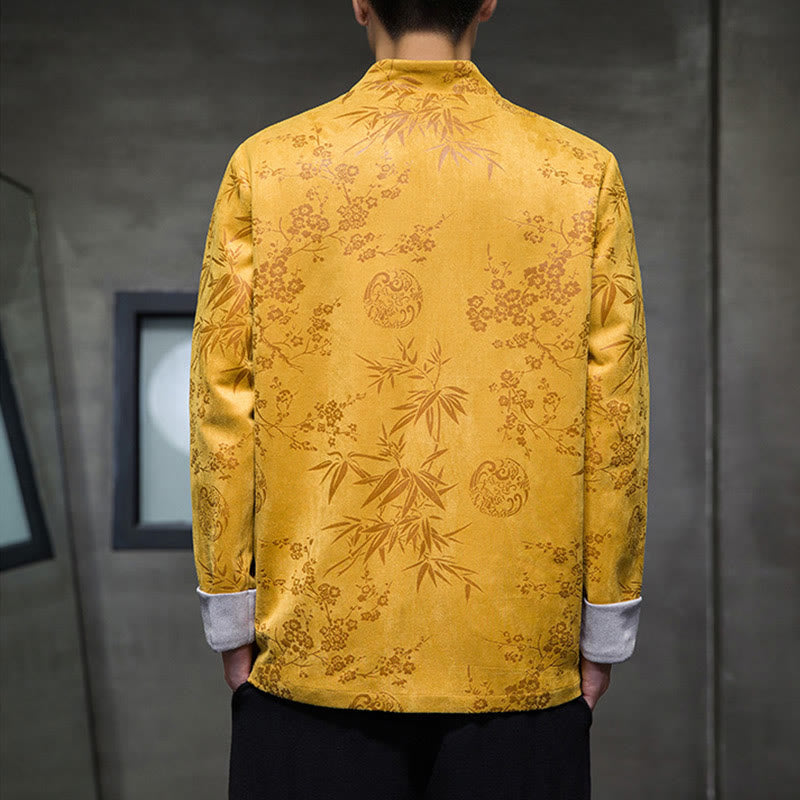 Buddha Stones Chinese New Year Clothes Flowers Bamboo Solid Color Cuff Frog-button Tang Suit Cotton Men's Jacket Shirt With Pockets