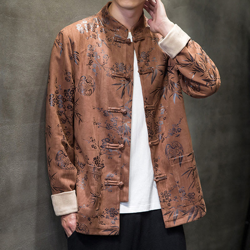 Buddha Stones Chinese New Year Clothes Flowers Bamboo Solid Color Cuff Frog-button Tang Suit Cotton Men's Jacket Shirt With Pockets - image 17