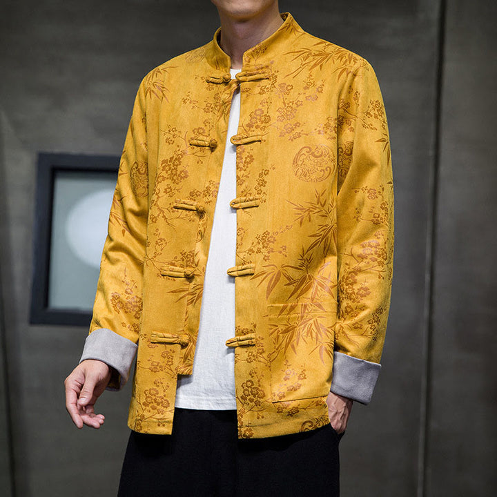 Buddha Stones Chinese New Year Clothes Flowers Bamboo Solid Color Cuff Frog-button Tang Suit Cotton Men's Jacket Shirt With Pockets