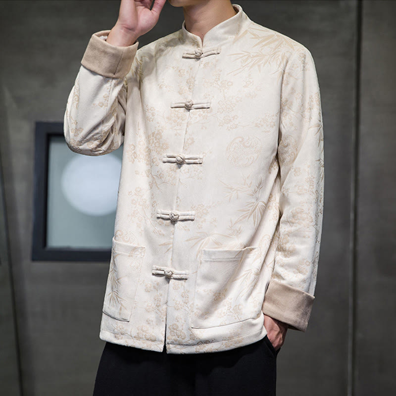 Buddha Stones Chinese New Year Clothes Flowers Bamboo Solid Color Cuff Frog-button Tang Suit Cotton Men's Jacket Shirt With Pockets - Beige - US/UK/AU46，EU56 (5XL) - image 43