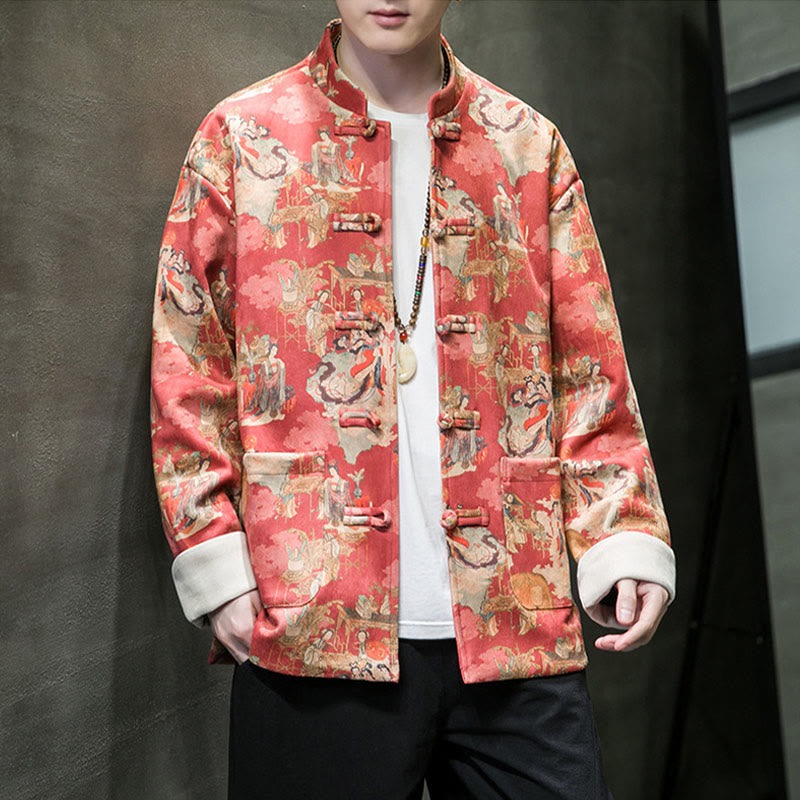 Buddha Stones Chinese New Year Clothes Ancient Figure Painting Solid Color Cuff Frog-button Tang Suit Cotton Men's Jacket Shirt With Pockets - image 5