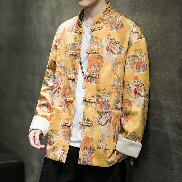 Buddha Stones Chinese New Year Clothes Ancient Figure Painting Solid Color Cuff Frog-button Tang Suit Cotton Men's Jacket Shirt With Pockets