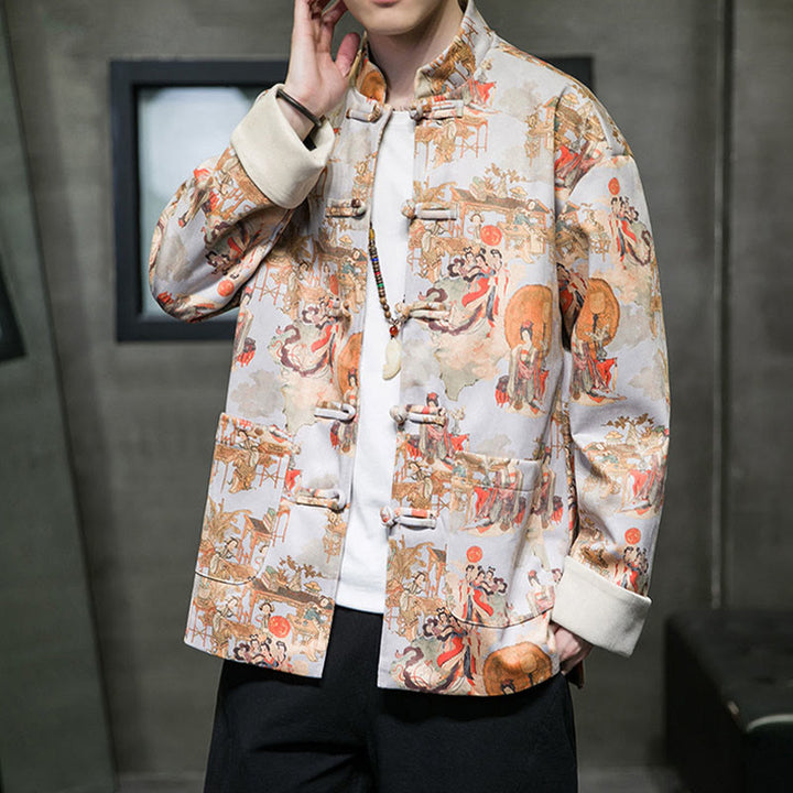 Buddha Stones Chinese New Year Clothes Ancient Figure Painting Solid Color Cuff Frog-button Tang Suit Cotton Men's Jacket Shirt With Pockets