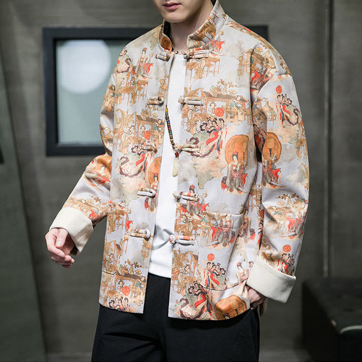 Buddha Stones Chinese New Year Clothes Ancient Figure Painting Solid Color Cuff Frog-button Tang Suit Cotton Men's Jacket Shirt With Pockets - image 21