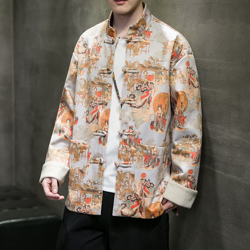Buddha Stones Chinese New Year Clothes Ancient Figure Painting Solid Color Cuff Frog-button Tang Suit Cotton Men's Jacket Shirt With Pockets - Gainsboro - US/UK/AU46，EU56 (5XL) - image 15