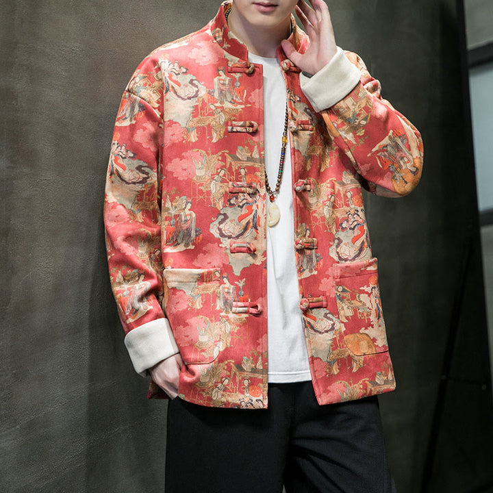 Buddha Stones Chinese New Year Clothes Ancient Figure Painting Solid Color Cuff Frog-button Tang Suit Cotton Men's Jacket Shirt With Pockets - image 7