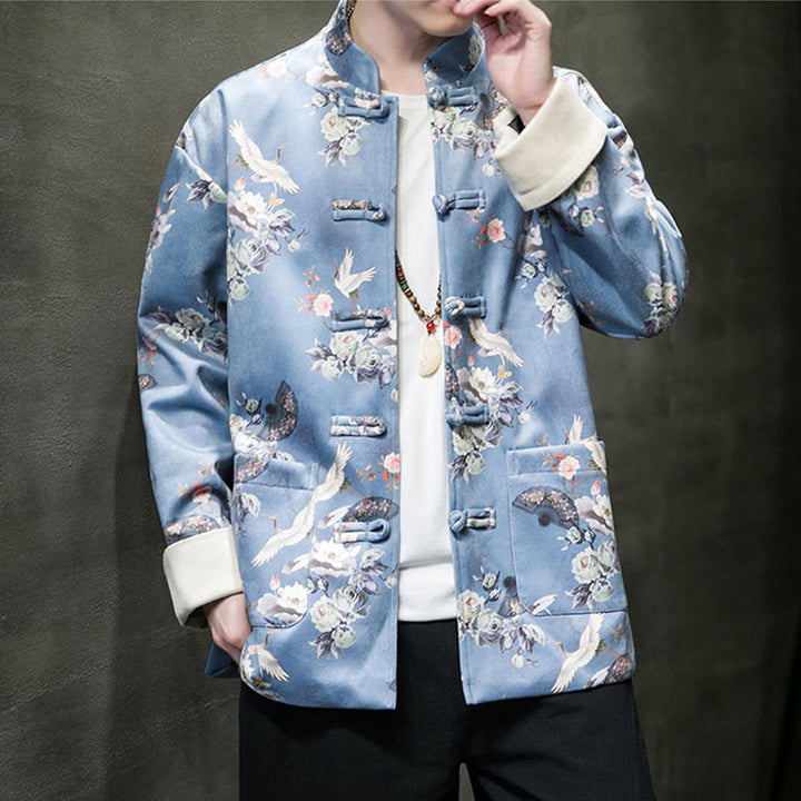 Buddha Stones Chinese New Year Clothes Flowers Fan Birds Frog-button Tang Suit Cotton Men's Jacket Shirt With Pockets