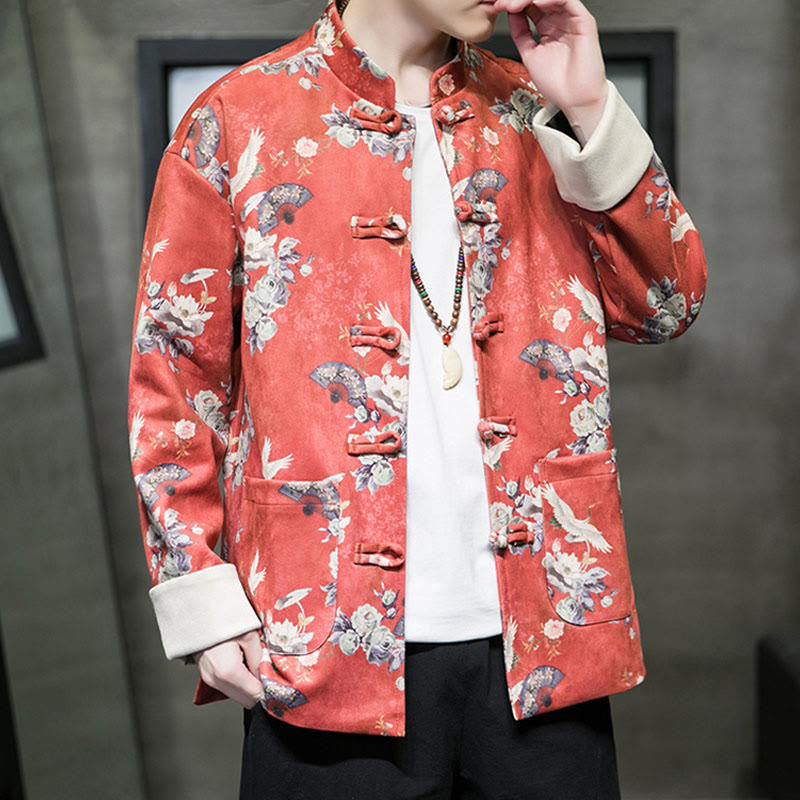 Buddha Stones Chinese New Year Clothes Flowers Fan Birds Frog-button Tang Suit Cotton Men's Jacket Shirt With Pockets