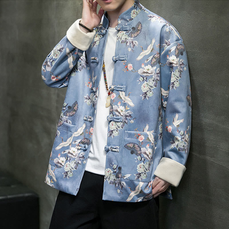 Buddha Stones Chinese New Year Clothes Flowers Fan Birds Frog-button Tang Suit Cotton Men's Jacket Shirt With Pockets - image 11