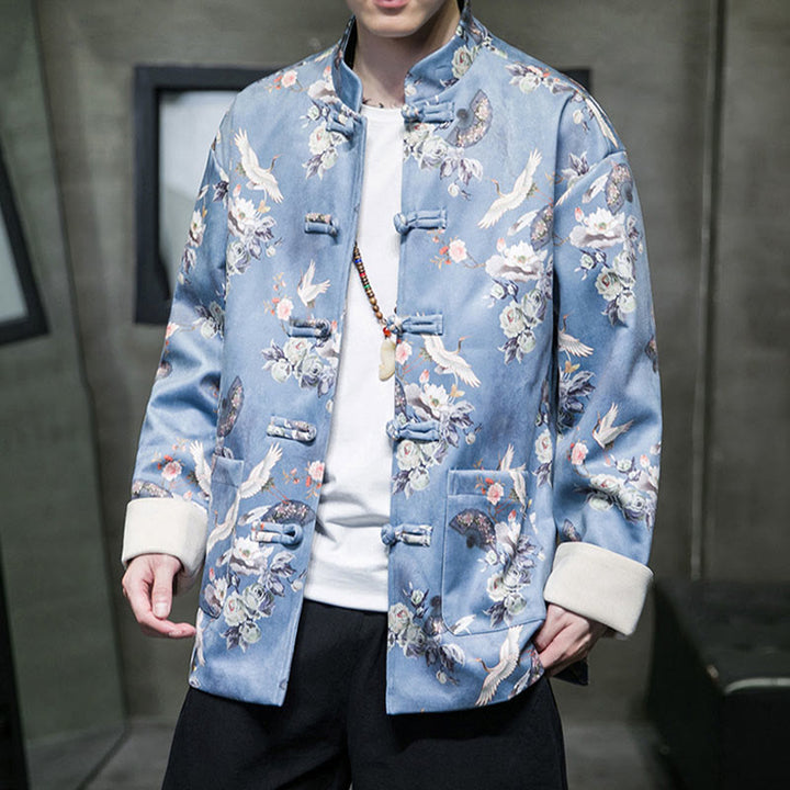 Buddha Stones Chinese New Year Clothes Flowers Fan Birds Frog-button Tang Suit Cotton Men's Jacket Shirt With Pockets