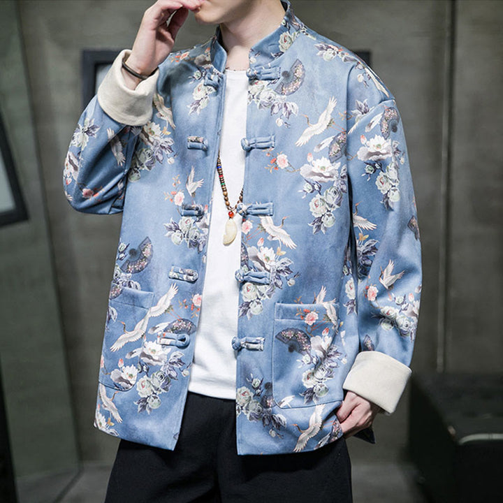 Buddha Stones Chinese New Year Clothes Flowers Fan Birds Frog-button Tang Suit Cotton Men's Jacket Shirt With Pockets