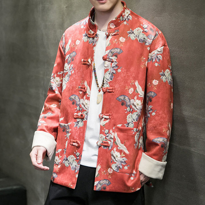 Buddha Stones Chinese New Year Clothes Flowers Fan Birds Frog-button Tang Suit Cotton Men's Jacket Shirt With Pockets - image 3