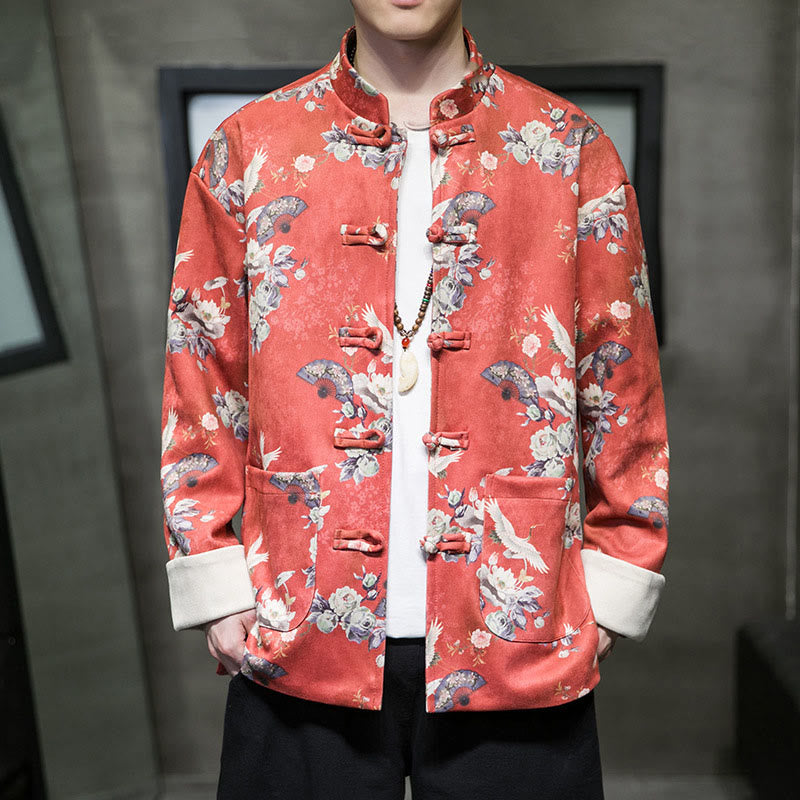 Buddha Stones Chinese New Year Clothes Flowers Fan Birds Frog-button Tang Suit Cotton Men's Jacket Shirt With Pockets - OrangeRed - US/UK/AU46，EU56 (5XL) - image 0