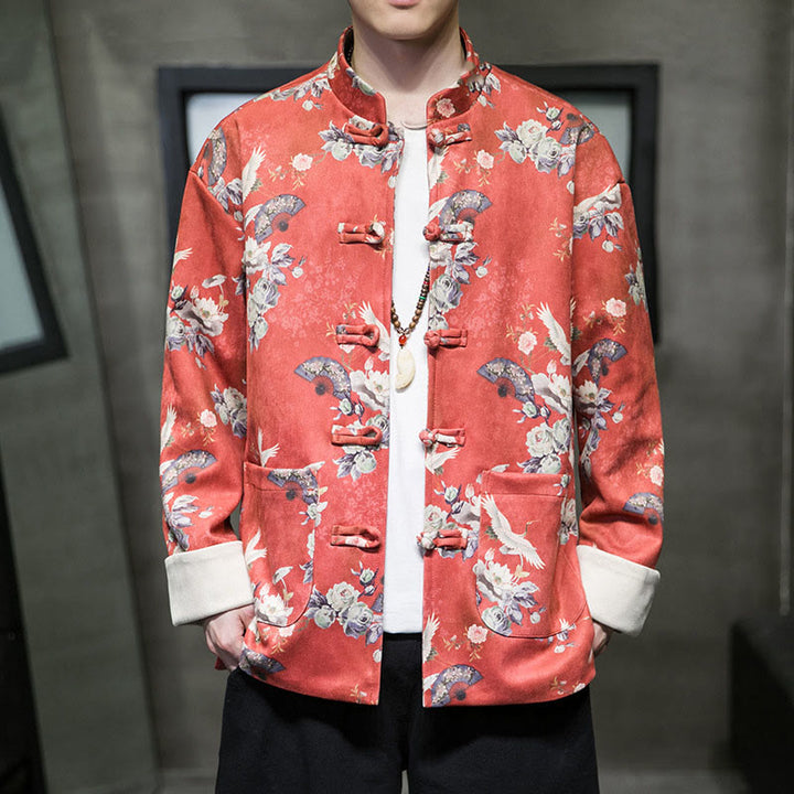 Buddha Stones Chinese New Year Clothes Flowers Fan Birds Frog-button Tang Suit Cotton Men's Jacket Shirt With Pockets - OrangeRed - US/UK/AU46，EU56 (5XL) - image 0