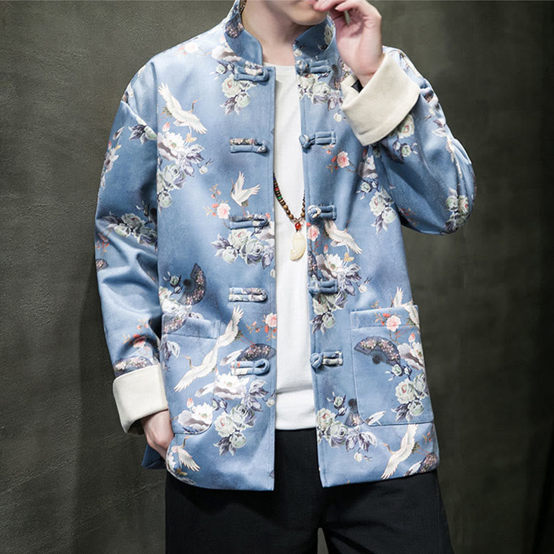 Buddha Stones Chinese New Year Clothes Flowers Fan Birds Frog-button Tang Suit Cotton Men's Jacket Shirt With Pockets - image 13
