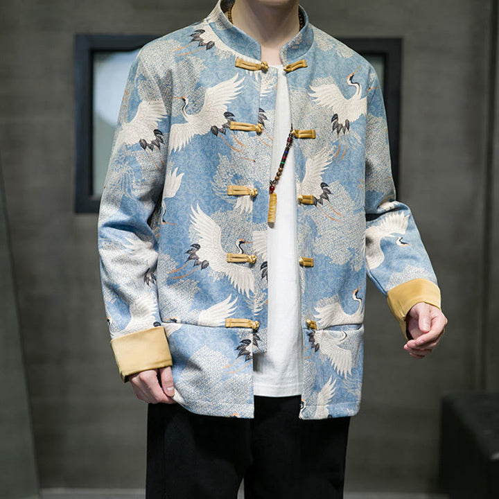 Buddha Stones Chinese New Year Clothes White Crane Gold Frog-button Tang Suit Cotton Men's Jacket Shirt With Pockets - image 7