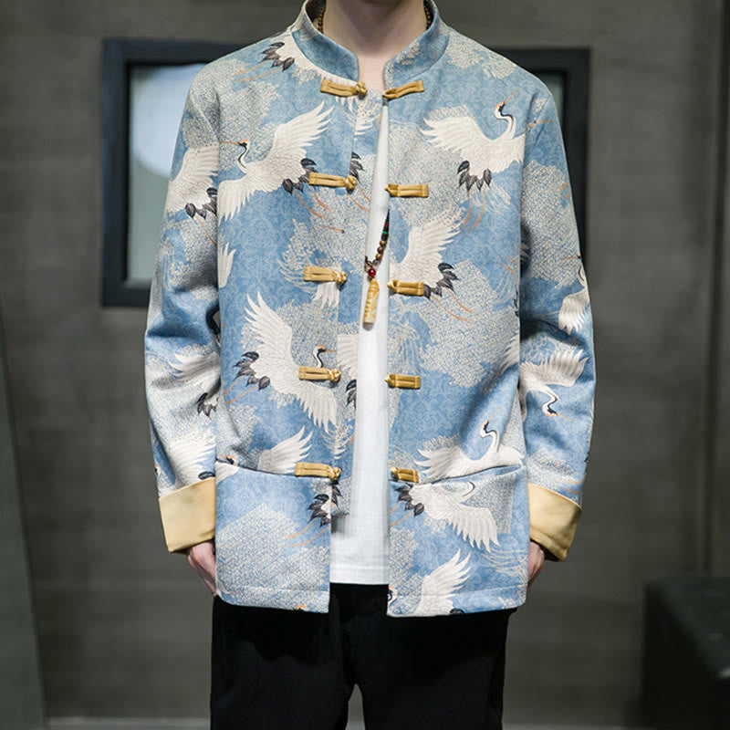 Buddha Stones Chinese New Year Clothes White Crane Gold Frog-button Tang Suit Cotton Men's Jacket Shirt With Pockets