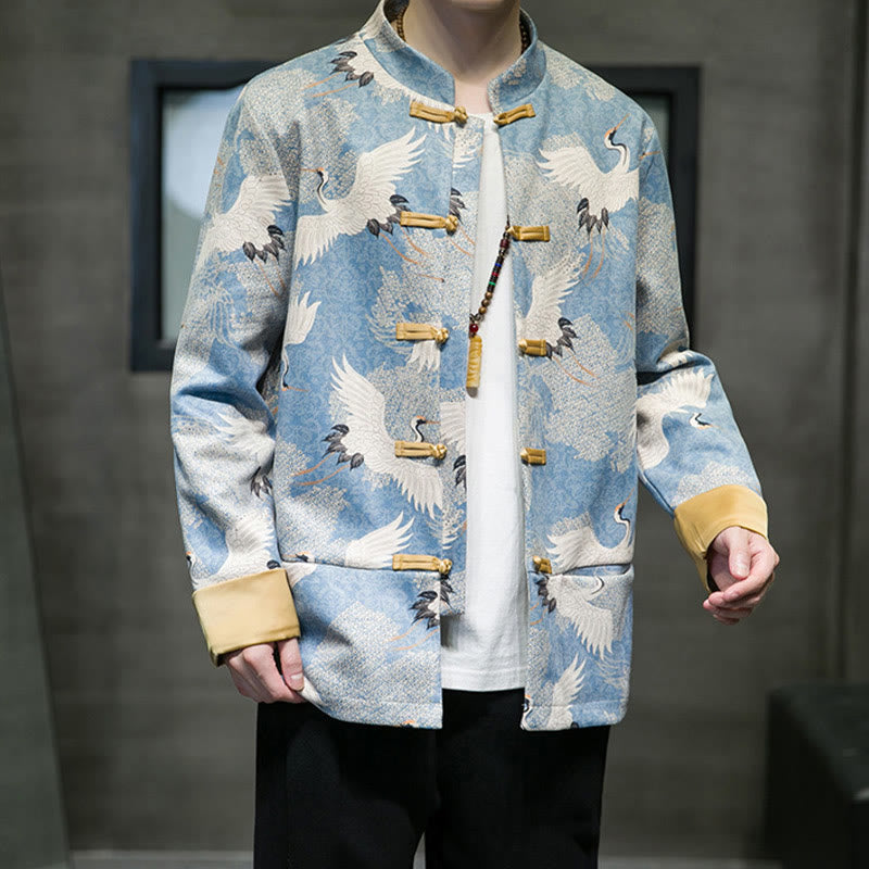 Buddha Stones Chinese New Year Clothes White Crane Gold Frog-button Tang Suit Cotton Men's Jacket Shirt With Pockets