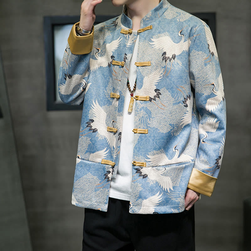 Buddha Stones Chinese New Year Clothes White Crane Gold Frog-button Tang Suit Cotton Men's Jacket Shirt With Pockets - image 2