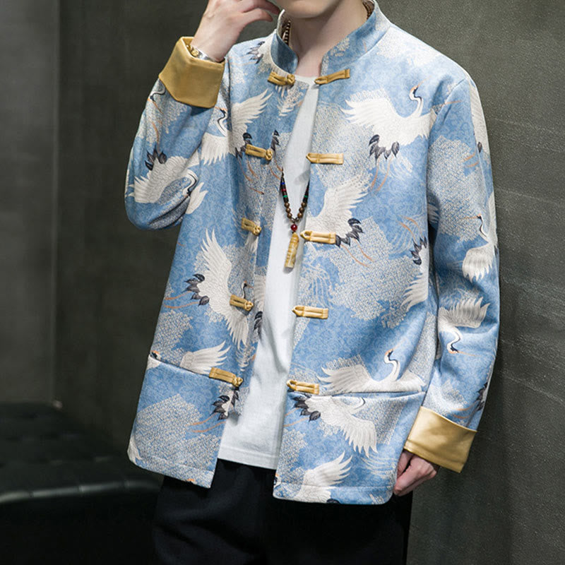 Buddha Stones Chinese New Year Clothes White Crane Gold Frog-button Tang Suit Cotton Men's Jacket Shirt With Pockets - image 4