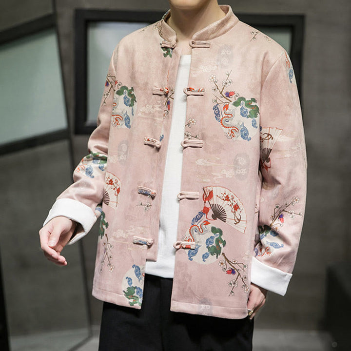 Buddha Stones Chinese New Year Clothes Flowers Dragon Fan Auspicious Clouds Frog-button Tang Suit Cotton Men's Jacket Shirt