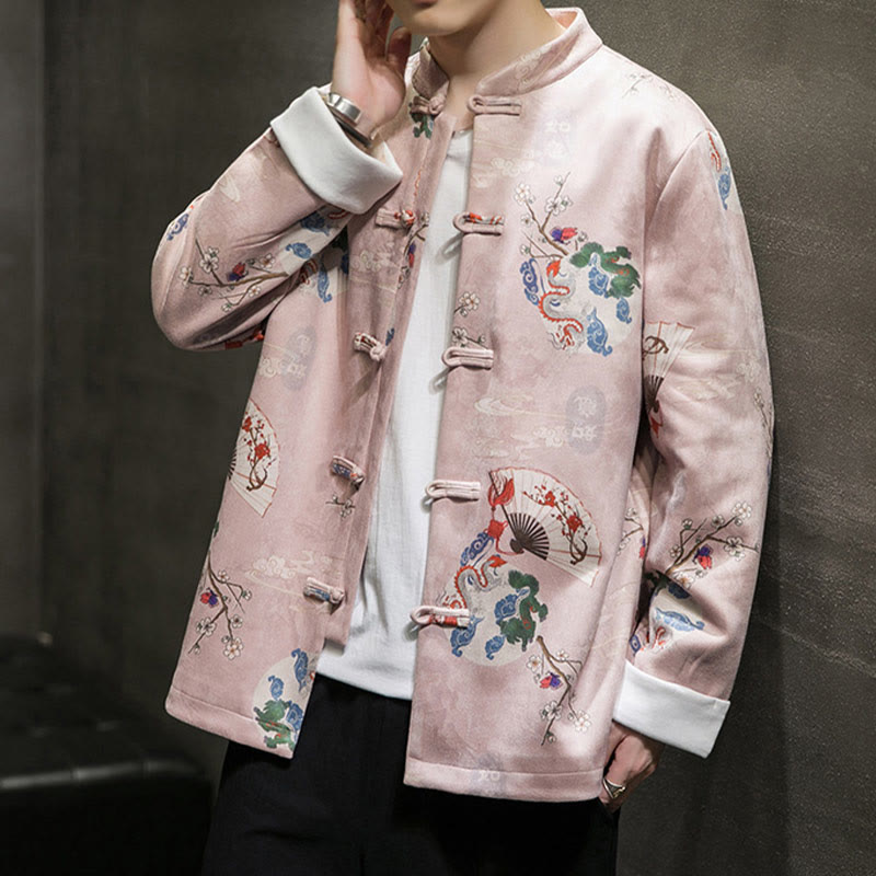 Buddha Stones Chinese New Year Clothes Flowers Dragon Fan Auspicious Clouds Frog-button Tang Suit Cotton Men's Jacket Shirt  - image 2