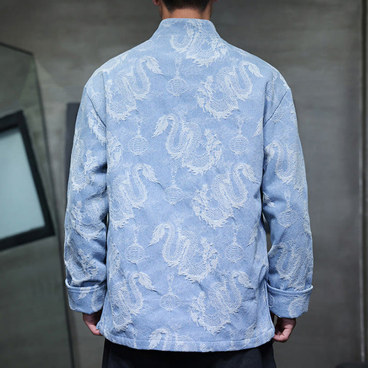 Buddha Stones Chinese New Year Jacquard Embroidery Dragon Lantern Frog-button Tang Suit Cotton Men's Jacket Shirt With Pockets