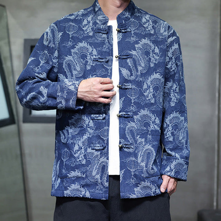 Buddha Stones Chinese New Year Jacquard Embroidery Dragon Lantern Frog-button Tang Suit Cotton Men's Jacket Shirt With Pockets