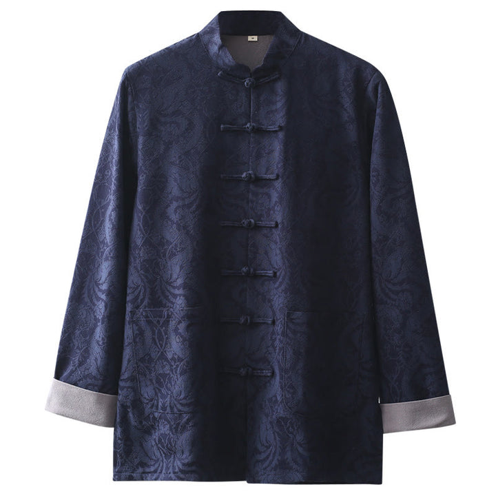 Buddha Stones Chinese New Year Jacquard Embroidery Solid Color Cuff Frog-button Tang Suit Cotton Men's Jacket Shirt With Pockets