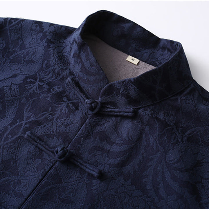 Buddha Stones Chinese New Year Jacquard Embroidery Solid Color Cuff Frog-button Tang Suit Cotton Men's Jacket Shirt With Pockets