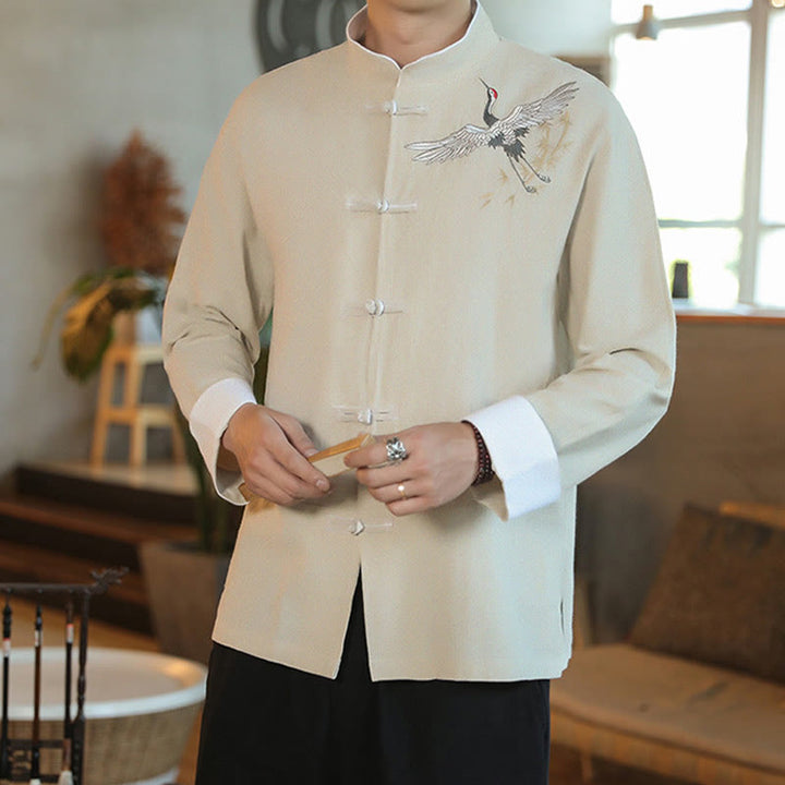 Buddha Stones Chinese New Year Flying Crane Embroidery Frog-button Tang Suit Cotton Men's Jacket Shirt - image 17