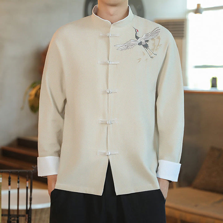 Buddha Stones Chinese New Year Flying Crane Embroidery Frog-button Tang Suit Cotton Men's Jacket Shirt