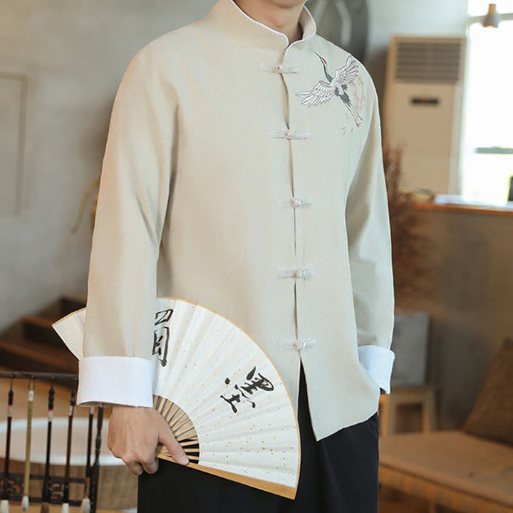 Buddha Stones Chinese New Year Flying Crane Embroidery Frog-button Tang Suit Cotton Men's Jacket Shirt - image 18