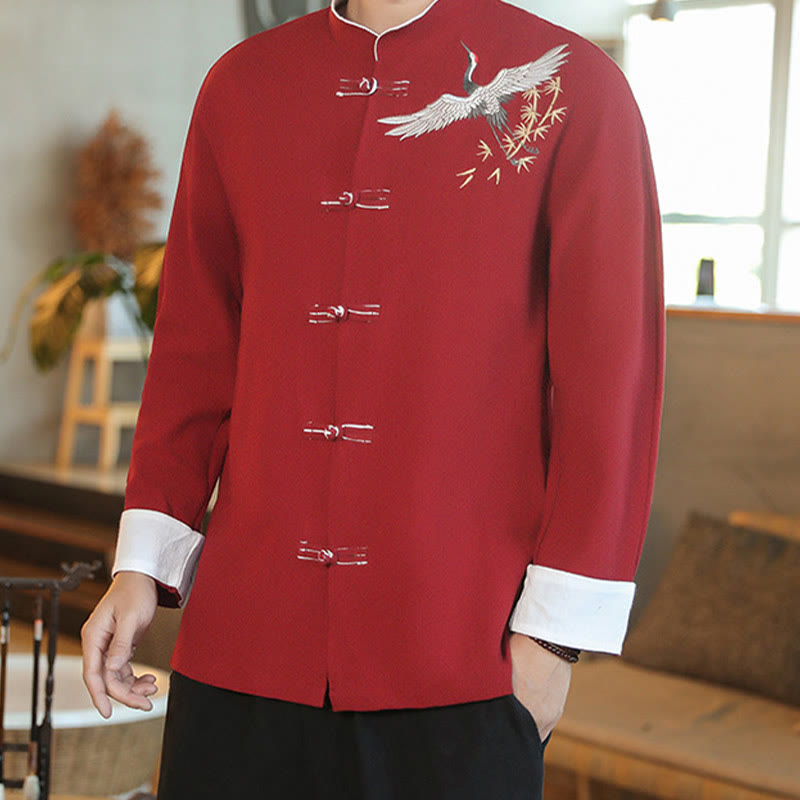 Buddha Stones Chinese New Year Flying Crane Embroidery Frog-button Tang Suit Cotton Men's Jacket Shirt