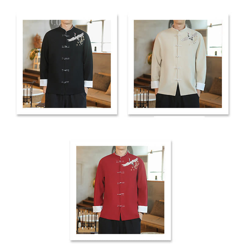 Buddha Stones Chinese New Year Flying Crane Embroidery Frog-button Tang Suit Cotton Men's Jacket Shirt - image 1