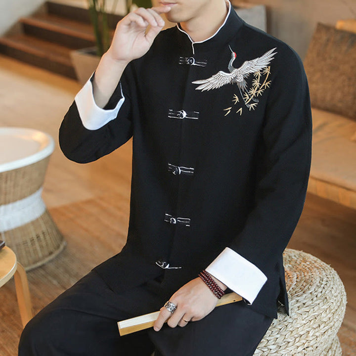 Buddha Stones Chinese New Year Flying Crane Embroidery Frog-button Tang Suit Cotton Men's Jacket Shirt - image 12