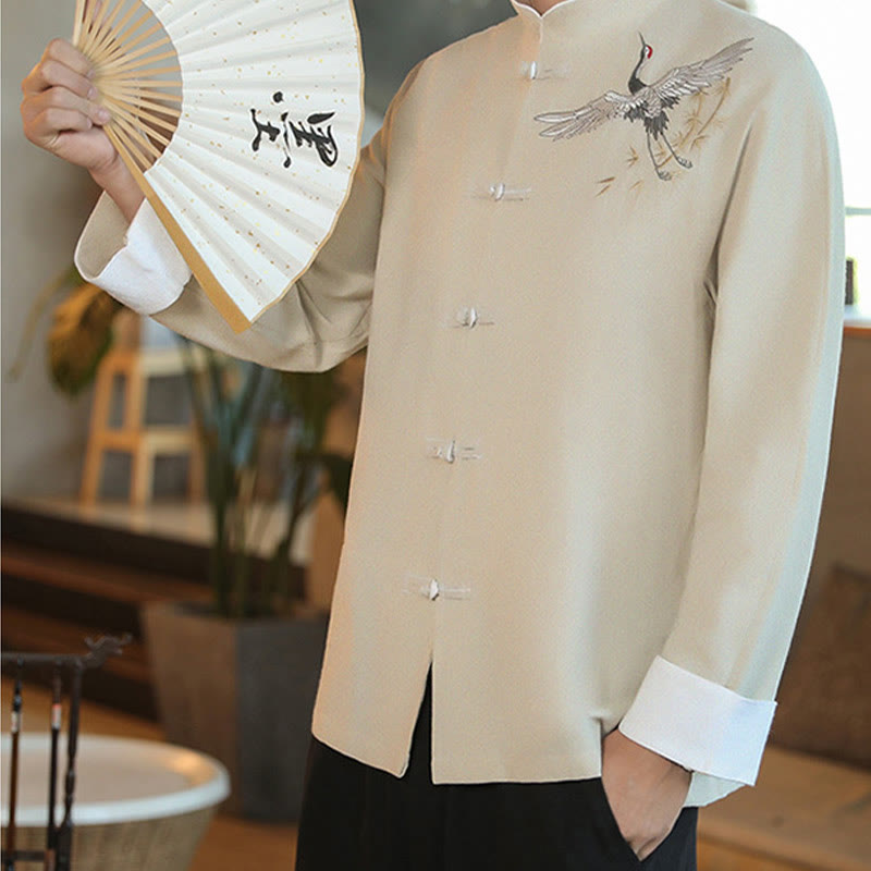 Buddha Stones Chinese New Year Flying Crane Embroidery Frog-button Tang Suit Cotton Men's Jacket Shirt - image 24