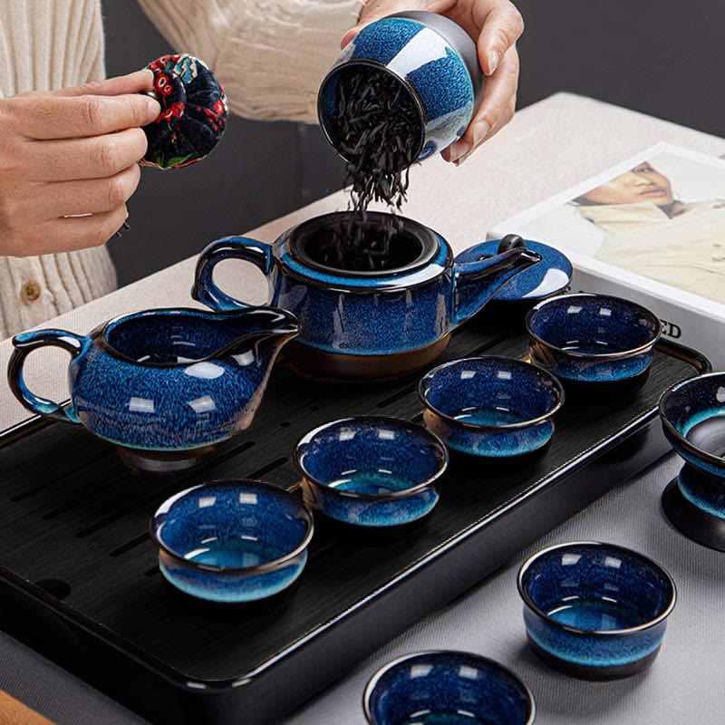 Blue Gradient Color Chinese Gongfu Tea Ceramic Teapot Portable Gift Bag Box Set