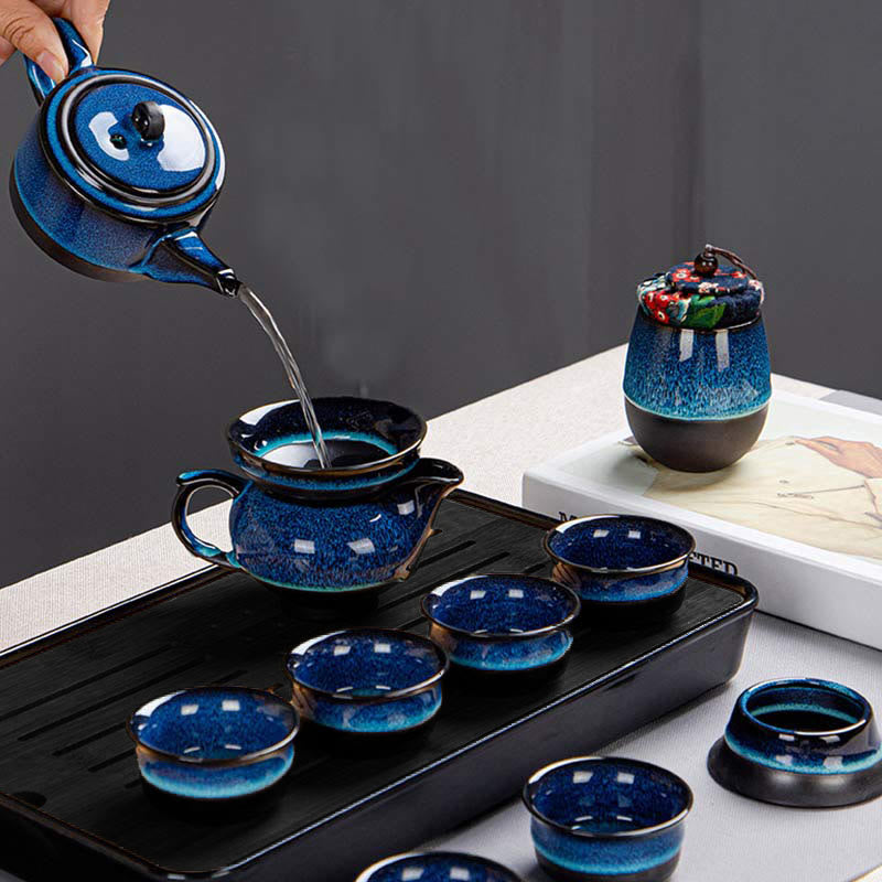 Blue Gradient Color Chinese Gongfu Tea Ceramic Teapot Portable Gift Bag Box Set - image 22