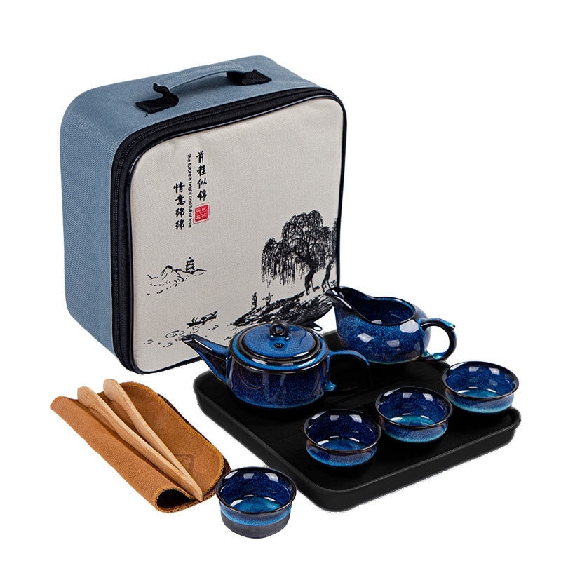 Blue Gradient Color Chinese Gongfu Tea Ceramic Teapot Portable Gift Bag Box Set - 1 Teapot+4 Cups+ 1 Pot+Tray+Bag - image 0