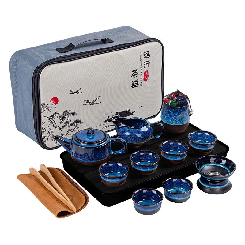 Blue Gradient Color Chinese Gongfu Tea Ceramic Teapot Portable Gift Bag Box Set