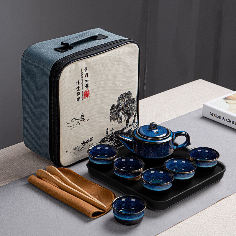 Blue Gradient Color Chinese Gongfu Tea Ceramic Teapot Portable Gift Bag Box Set