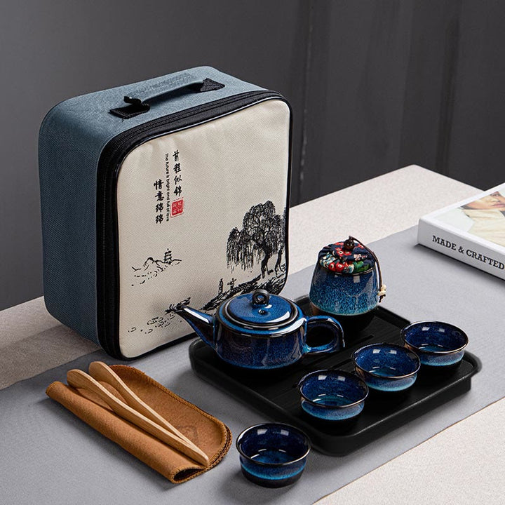 Blue Gradient Color Chinese Gongfu Tea Ceramic Teapot Portable Gift Bag Box Set - 1 Teapot+4 Cups+1 Can+Tray+Bag - image 10