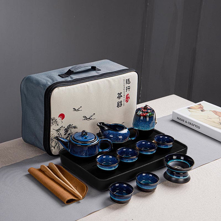 Blue Gradient Color Chinese Gongfu Tea Ceramic Teapot Portable Gift Bag Box Set