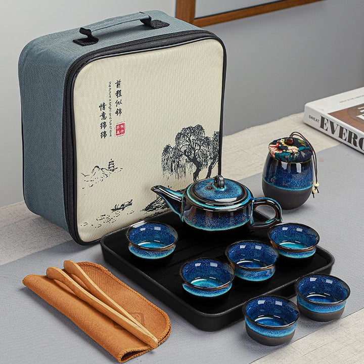 Blue Gradient Color Chinese Gongfu Tea Ceramic Teapot Portable Gift Bag Box Set