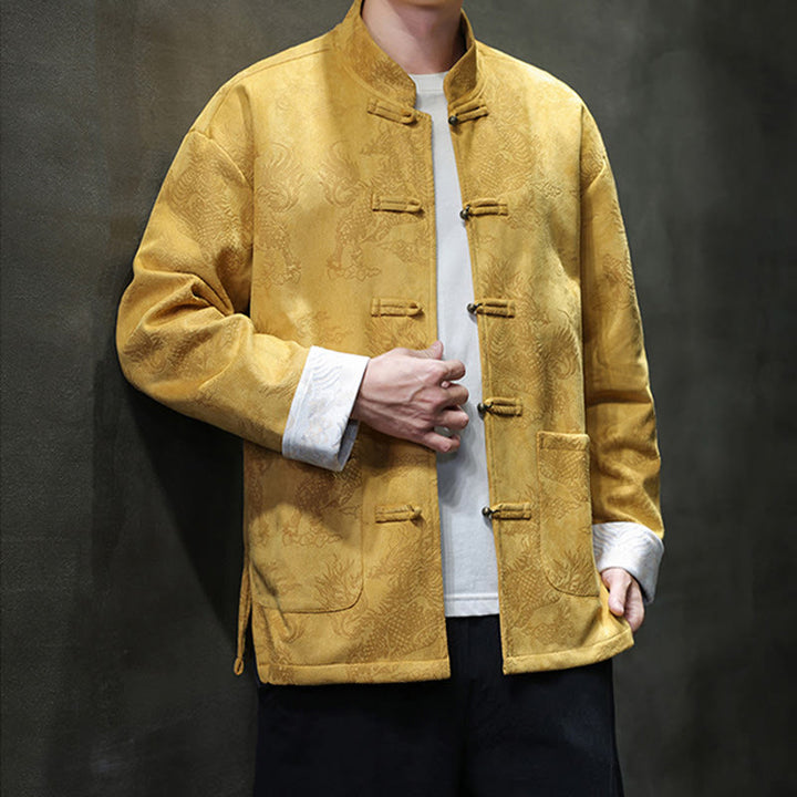 Buddha Stones Chinese New Year Kirin Print Frog-button Tang Suit Men's Jacket Shirt With Pockets - image 5