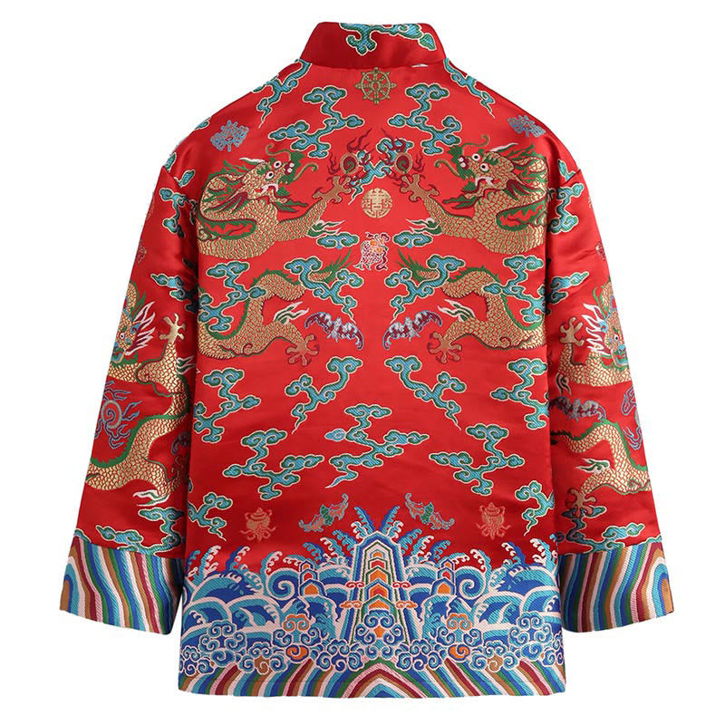 Buddha Stones Chinese New Year Dragon Embroidery Auspicious Clouds Frog-button Tang Suit Men's Jacket Shirt